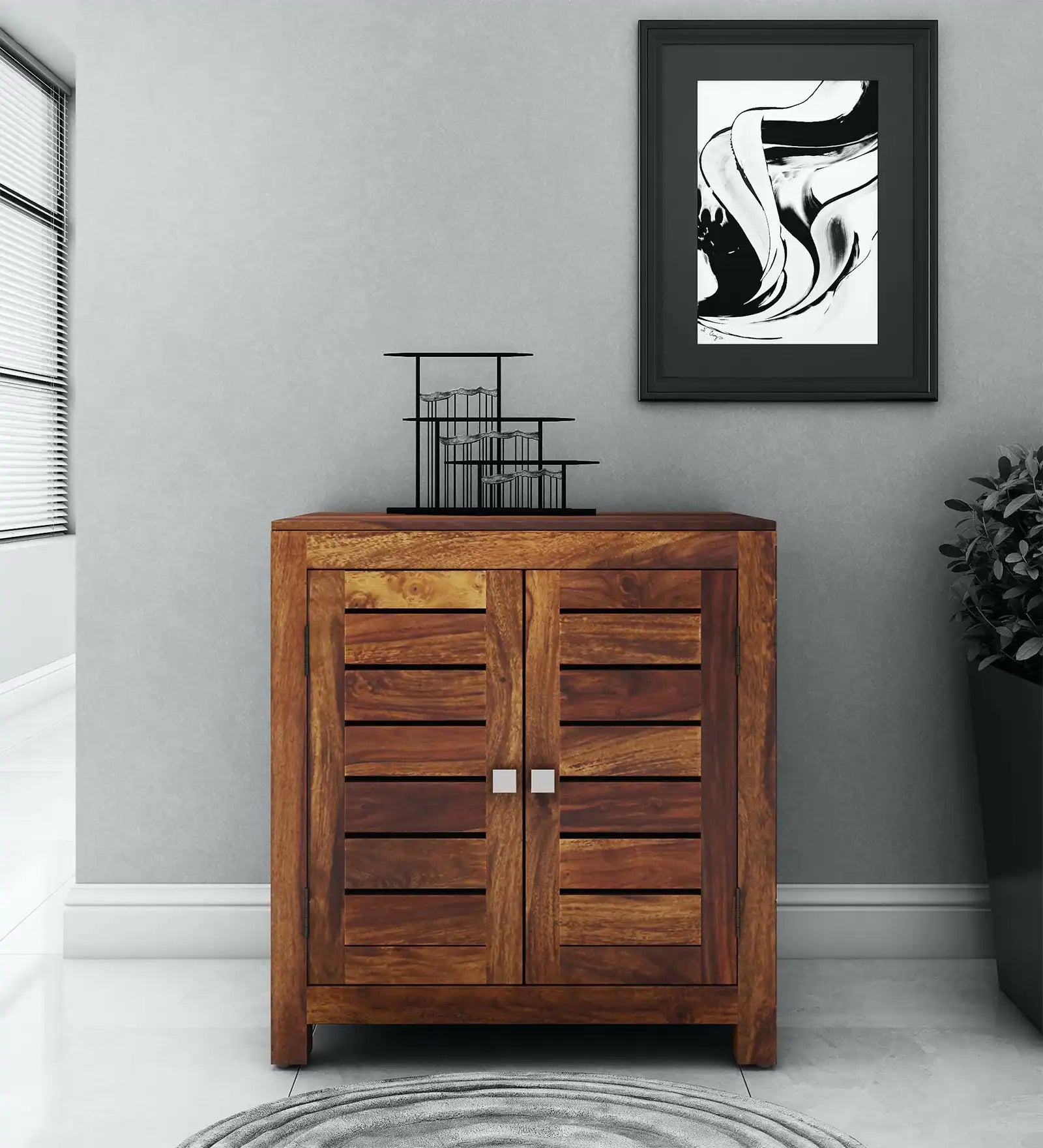 Tulsi solid wood shoe rack cabinet made from premium sheesham wood for modern Indian homes