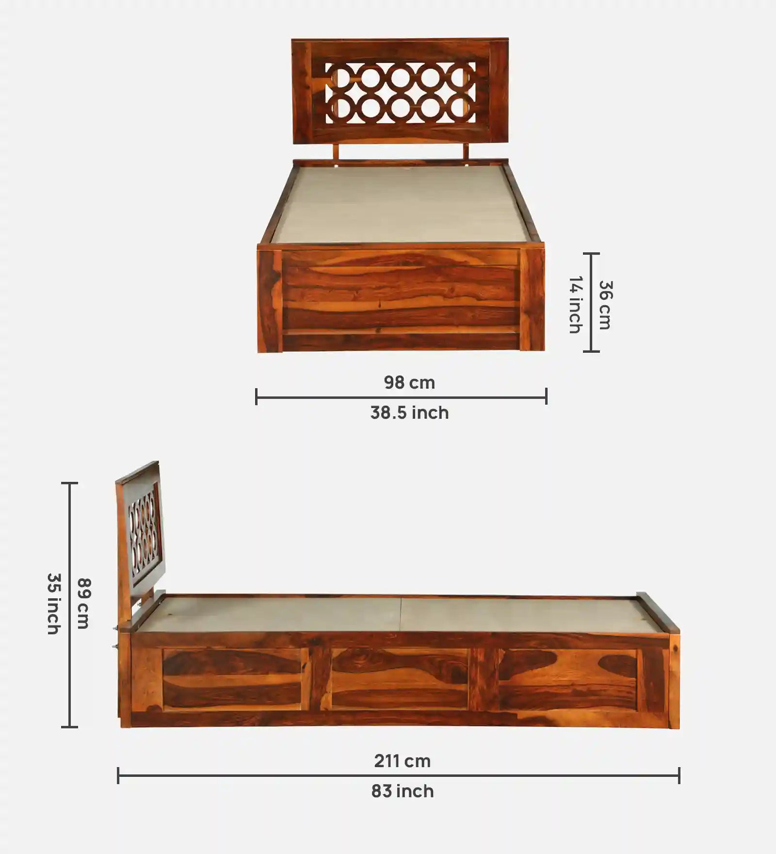 Vainika solid wood bed single size storage modern Indian furniture