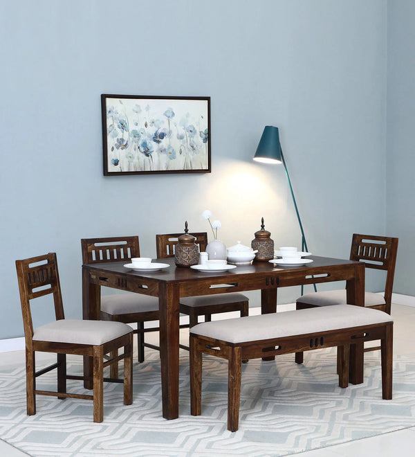 Jenine Solid Wood 6 Seater Dining Set With Bench In Provincial Teak Finish By Rajwada