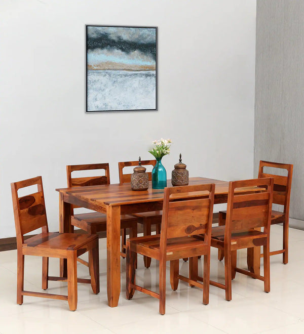 Hari Solid Wood 6 Seater Dining Set In Natural Teak Finish By Rajwada