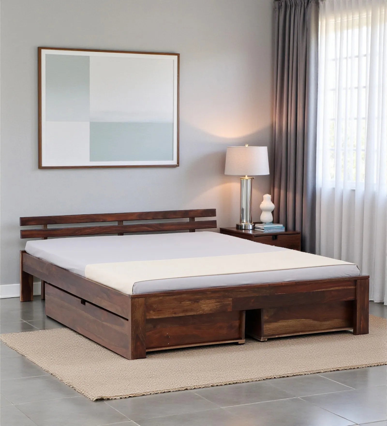 sheesham wood queen size drawer storage bed base structure india