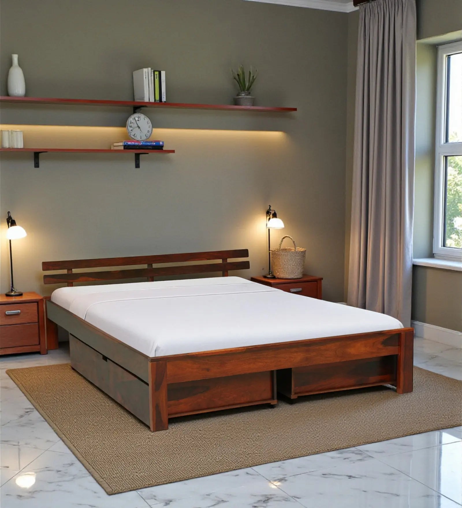 sheesham wood queen size drawer storage bed base structure india