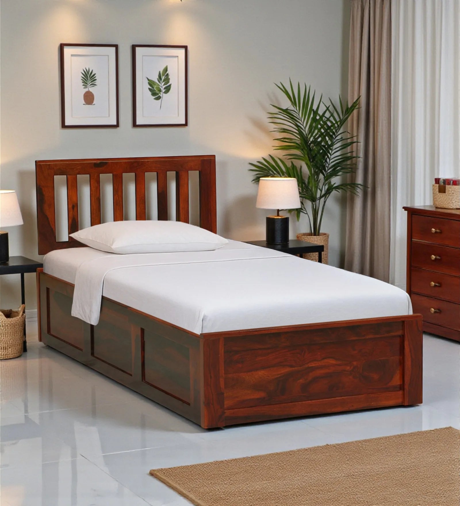 Vriksha sheesham wood single bed with trundle modern solid wood bed India