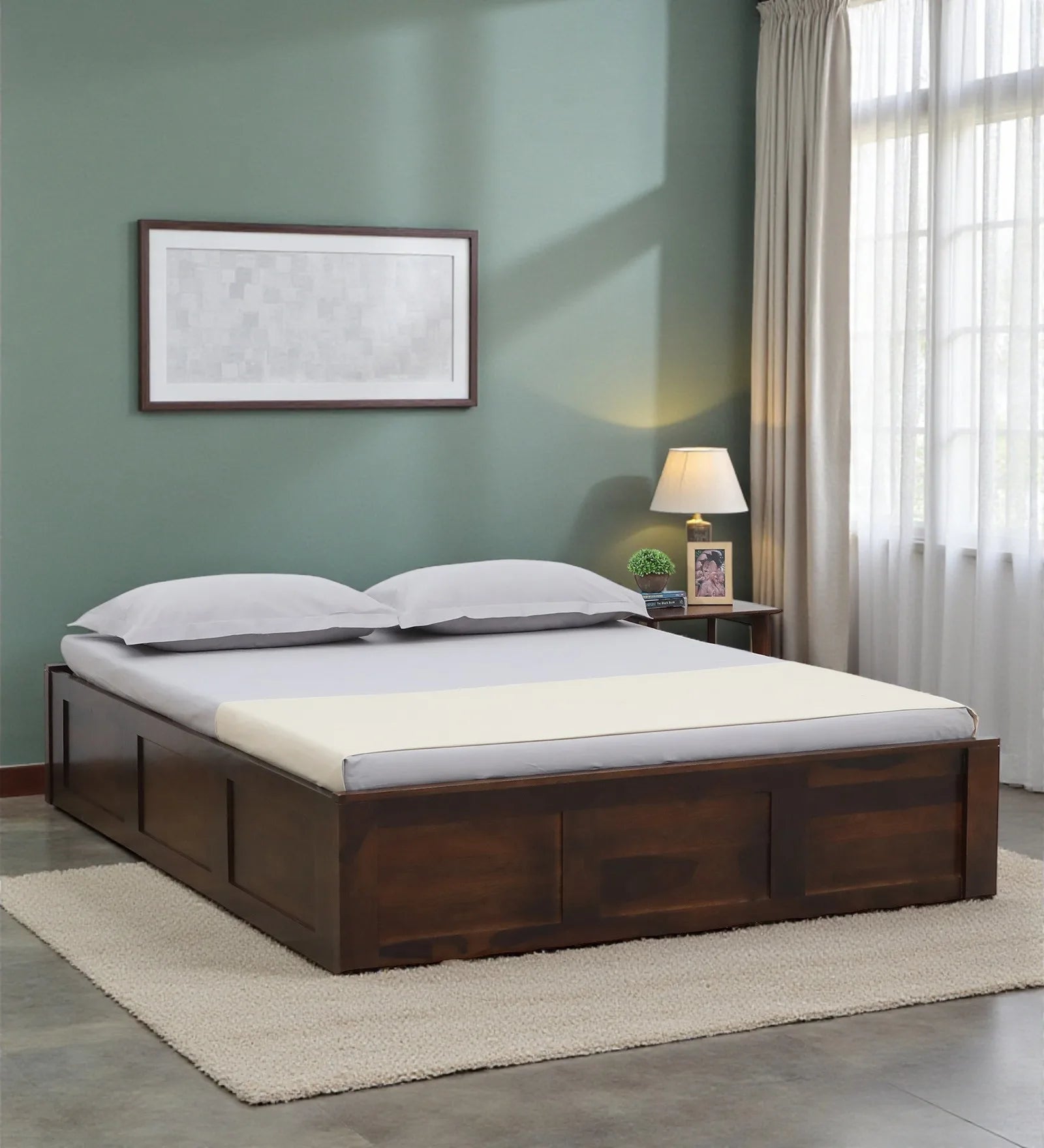 Vriksha solid sheesham wood queen size bed with hydraulic storage