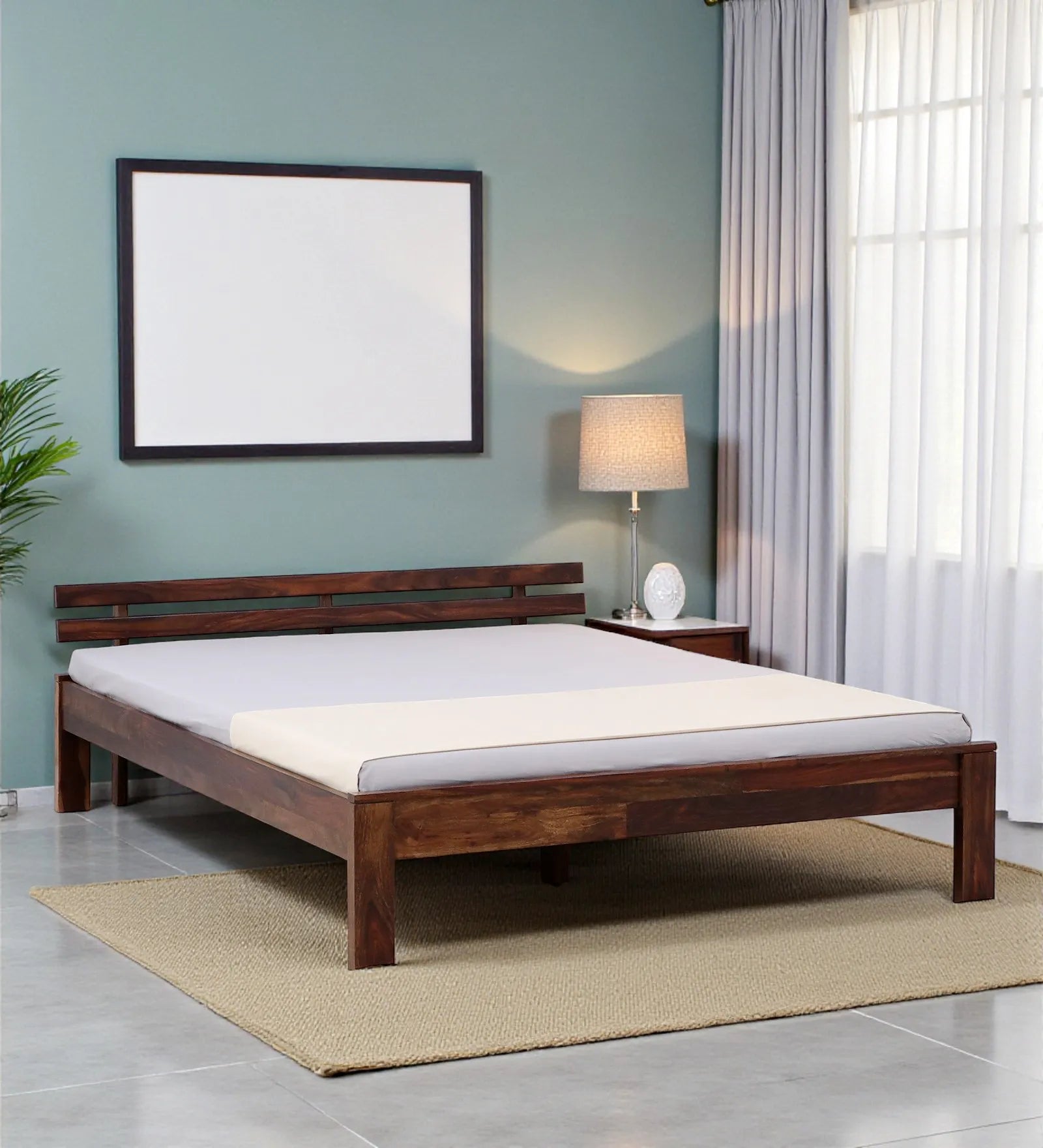 vriksha solid wood queen size bed without storage front view teak finish sheesham wood design