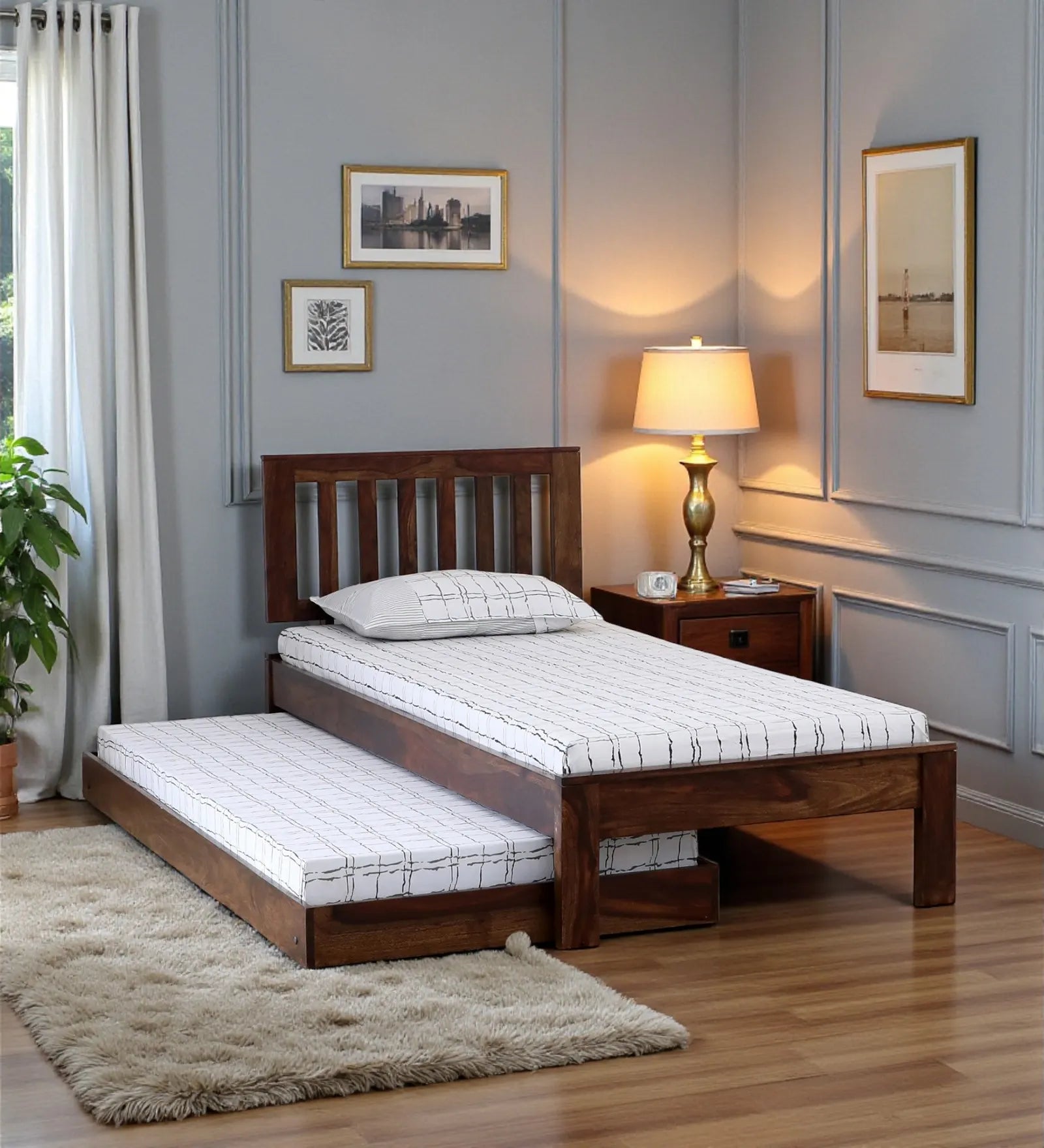 Vriksha solid wood single bed with trundle modern pull out bed India