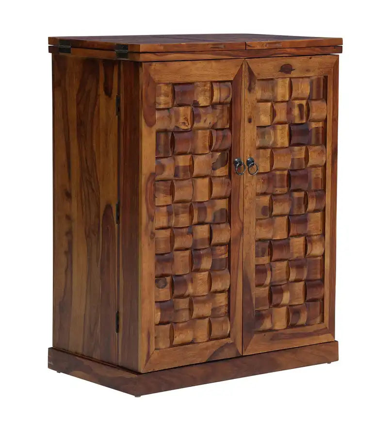 Wooden bar cabinet in sheesham wood for liquor storage and home decor