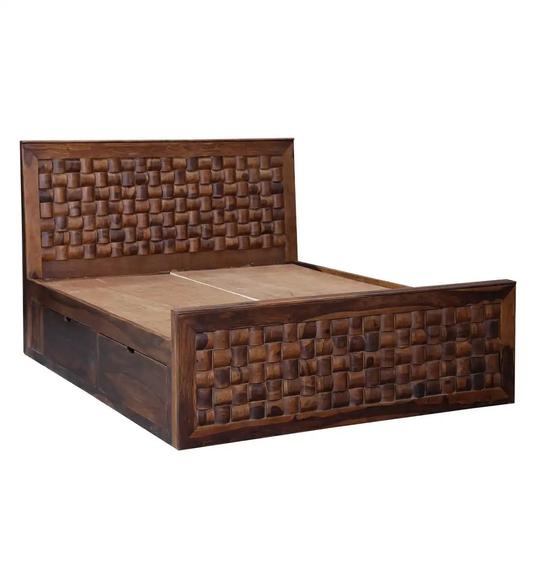 wooden bed drawer storage open view sheesham wood niwar king size bed india