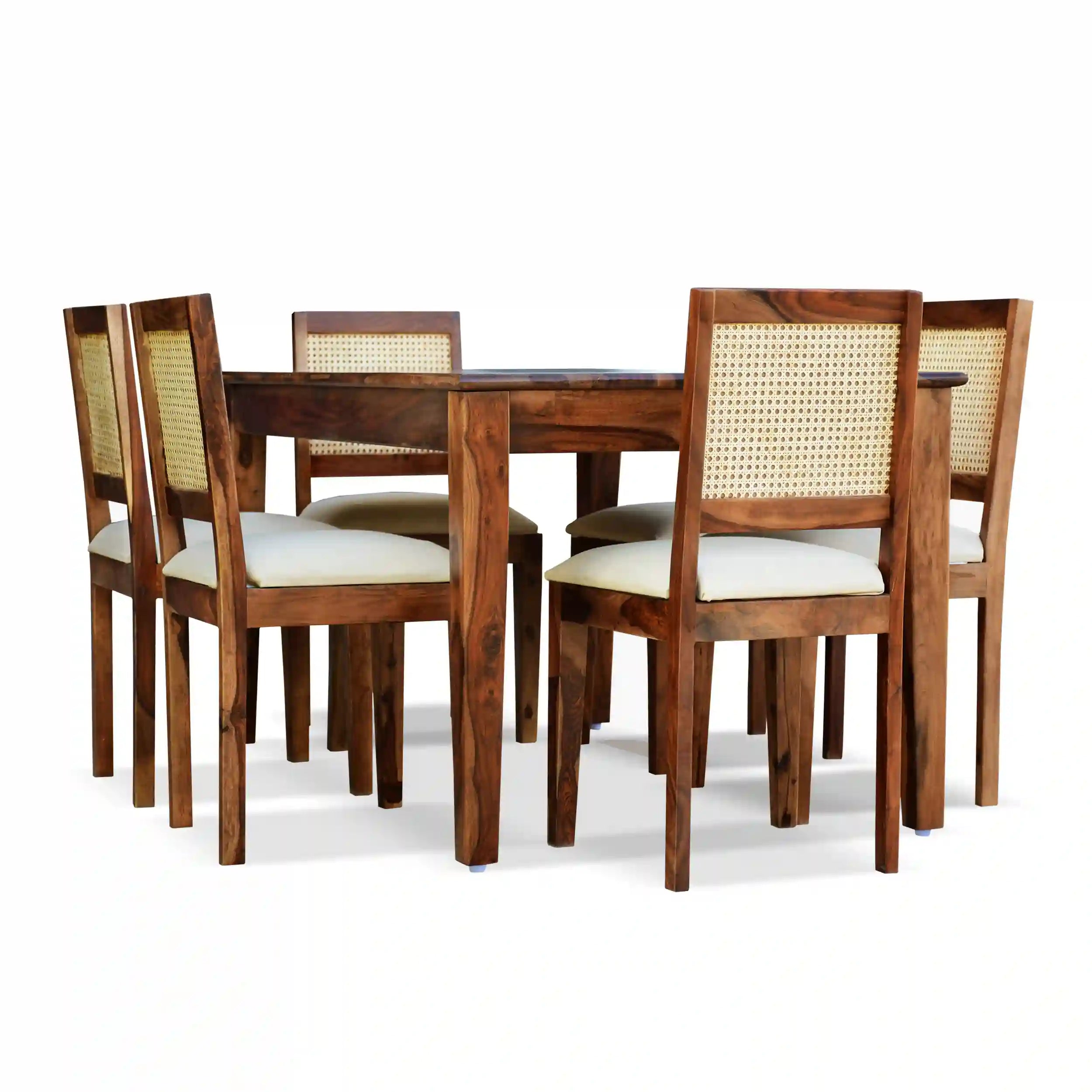 Wooden rattan 6-seater dining table set with cane design premium handcrafted furniture India