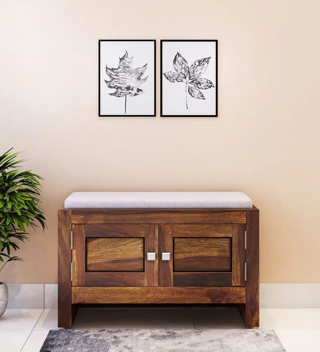 Wooden shoe rack cabinet made from sheesham wood for organized footwear storage