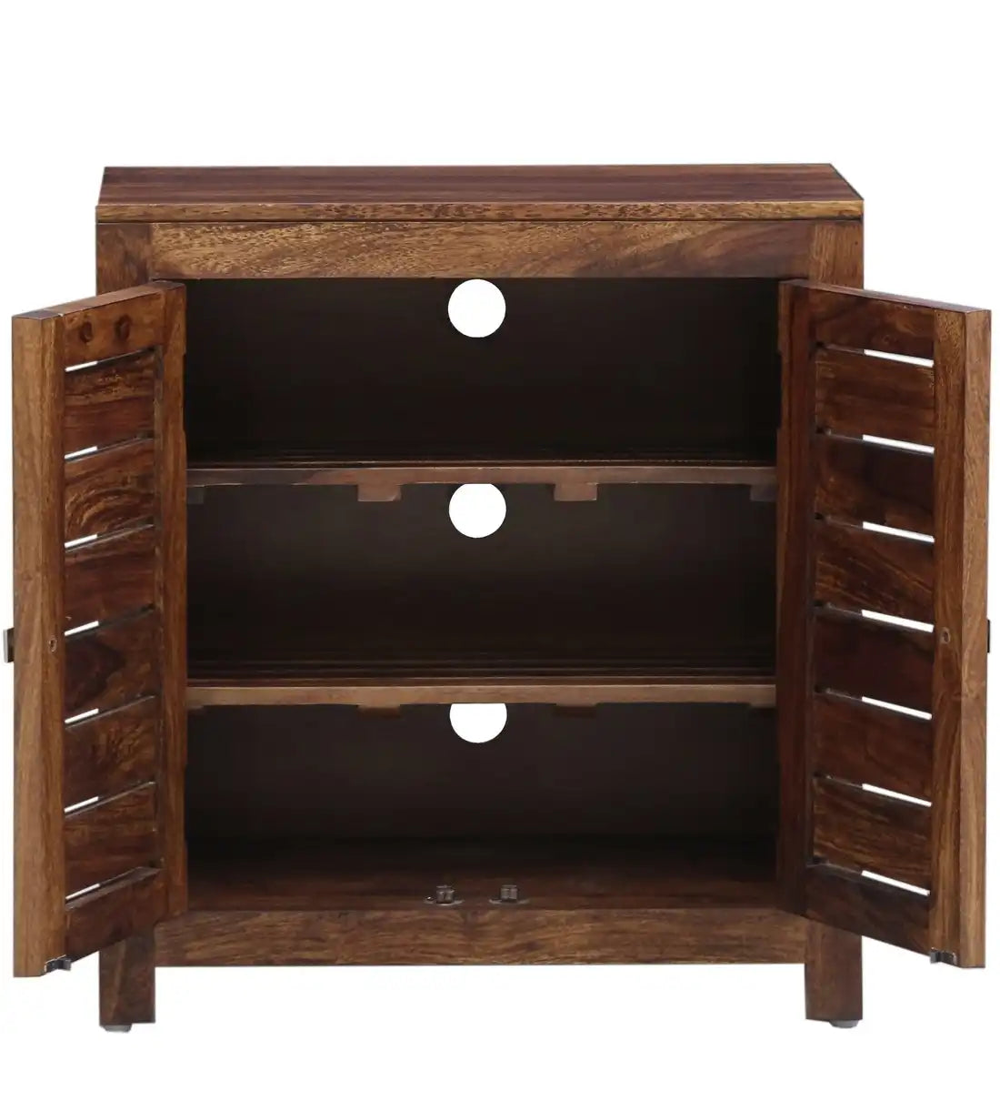 Wooden shoe rack cabinet with doors in solid wood for organized footwear storage in India