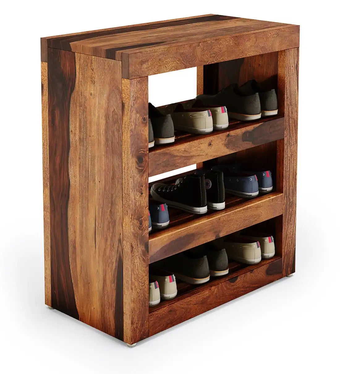Wooden shoe rack with doors in solid wood for organized footwear storage in Indian homes