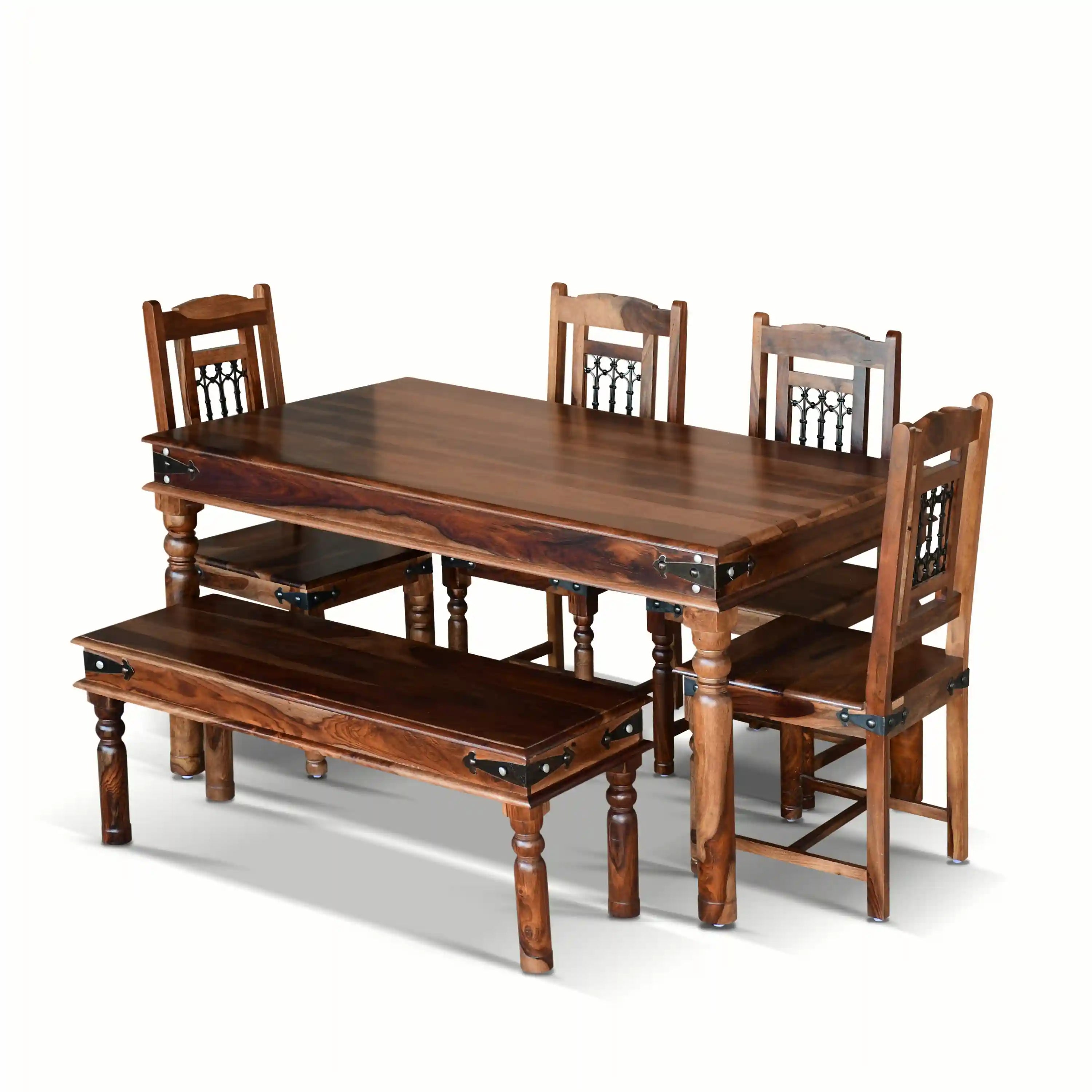 Wooden six-seater dining set with bench solid wood Haveli style traditional furniture
