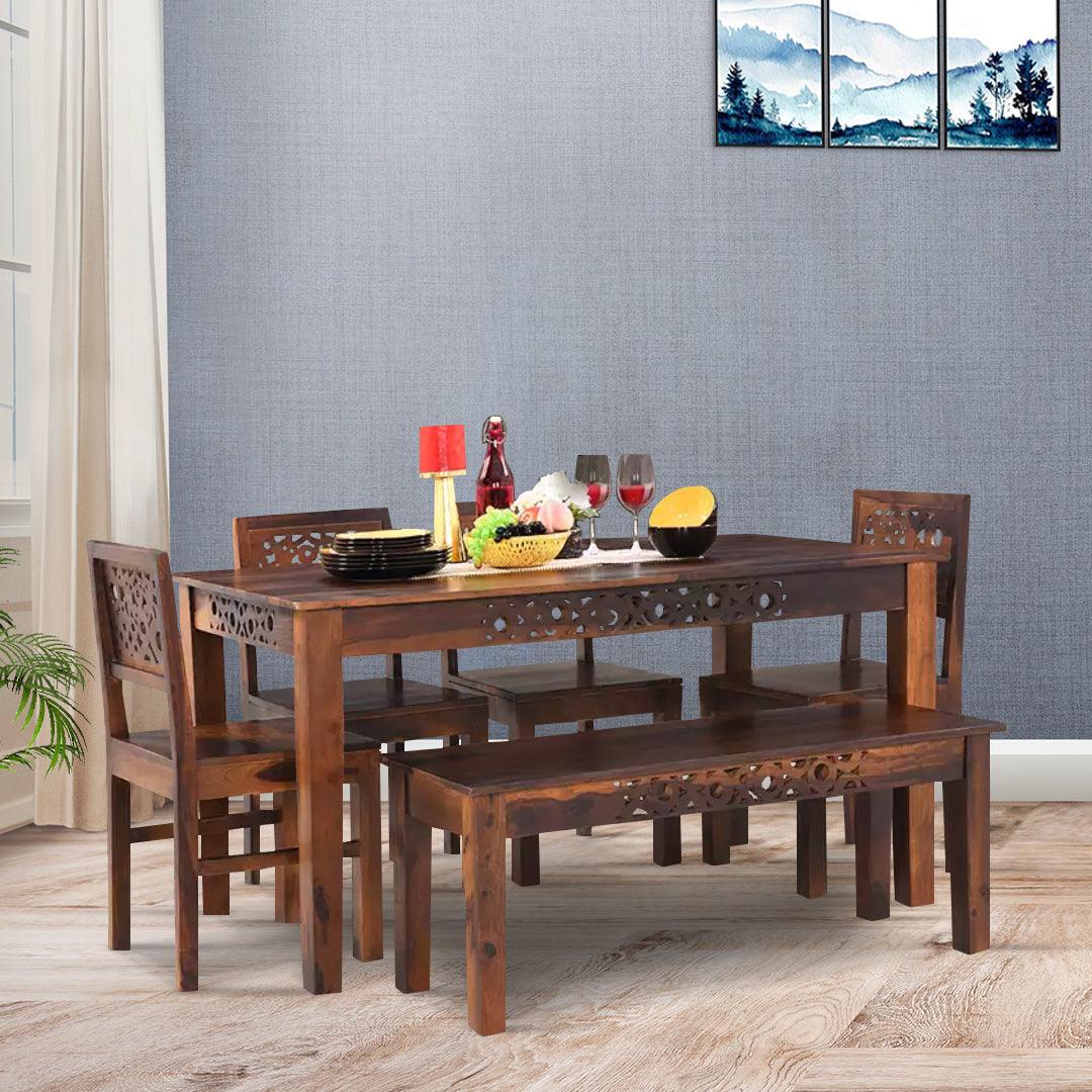 Oro solid wood six seater dining table set with bench for modern Indian home interiors