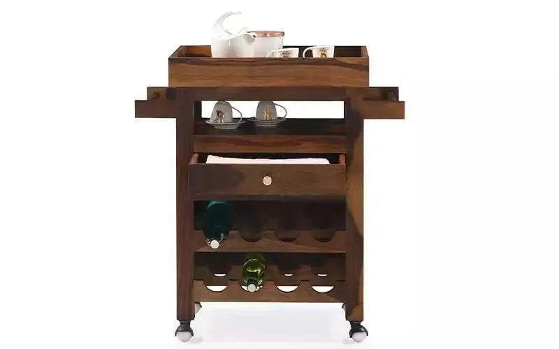 Kuber Solid Wood Bar Trolley For Dining Room In Provincial Teak Finish - Rajwada Furnish