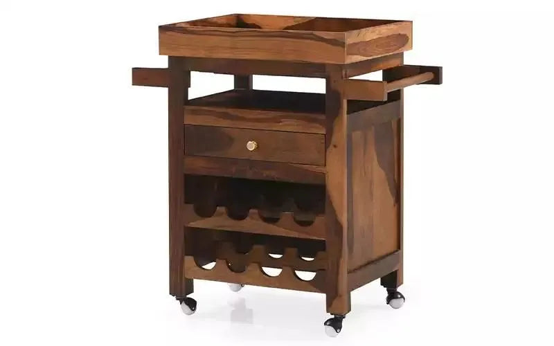 Kuber Solid Wood Bar Trolley For Dining Room In Provincial Teak Finish - Rajwada Furnish