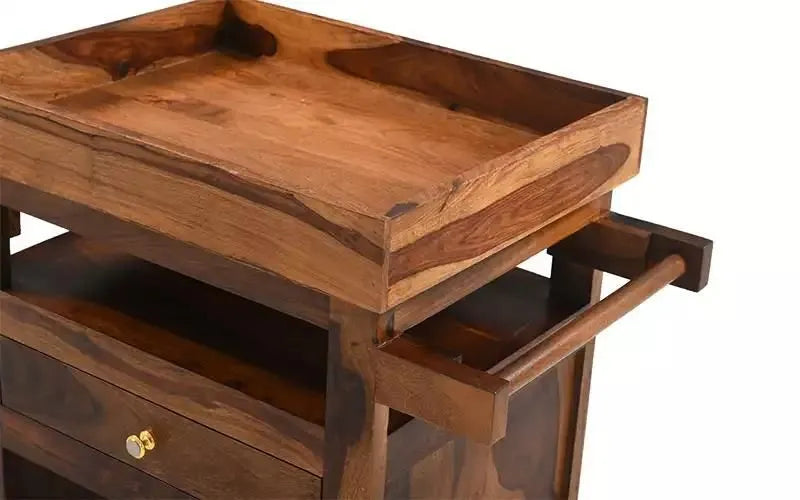 Kuber Solid Wood Bar Trolley For Dining Room In Provincial Teak Finish - Rajwada Furnish