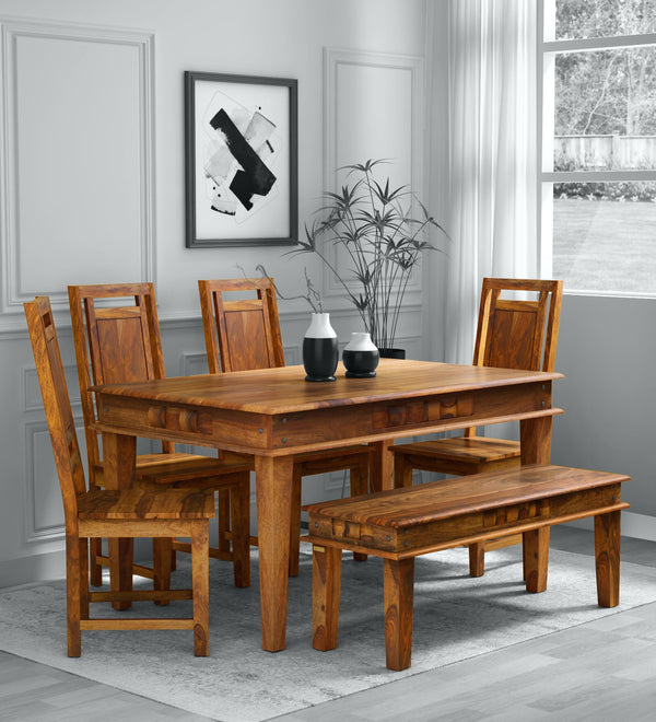 Niware Wooden 6 Seater Dining Table Set for Home in Natural Teak Finish by Rajwada