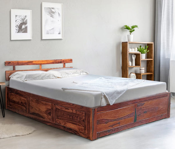Amira Queen  Sheesham Wood bed With box  Storage Bed in Honey oak finish by Rajwada