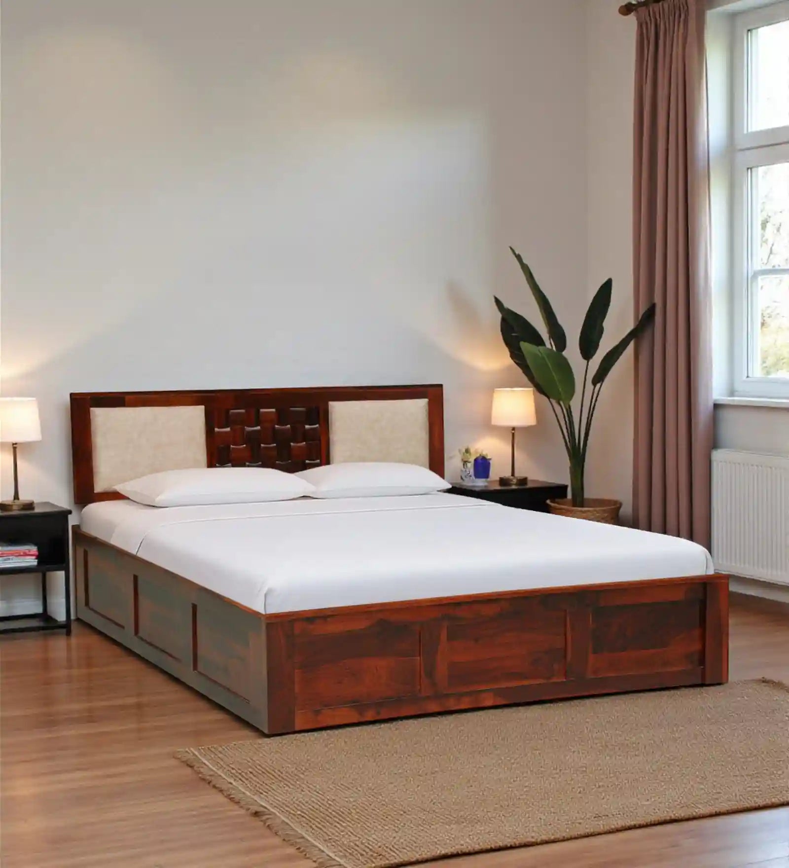 NIVASA Sheesham Wood Queen Size Bed With Box Storage