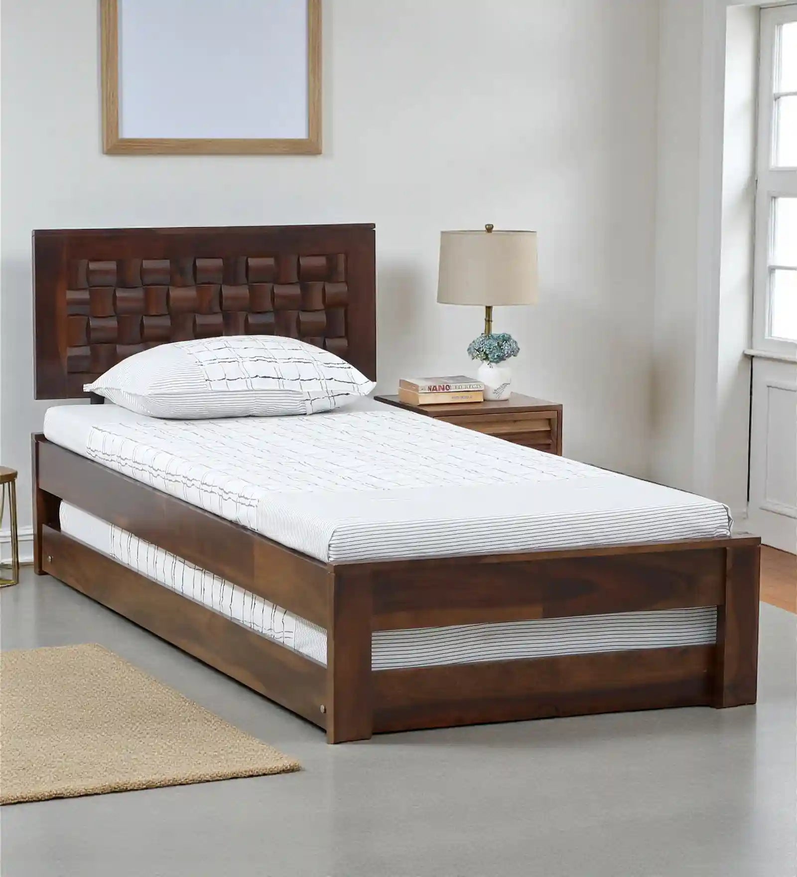 Nivasa Solid Wood Single Bed With Trundle