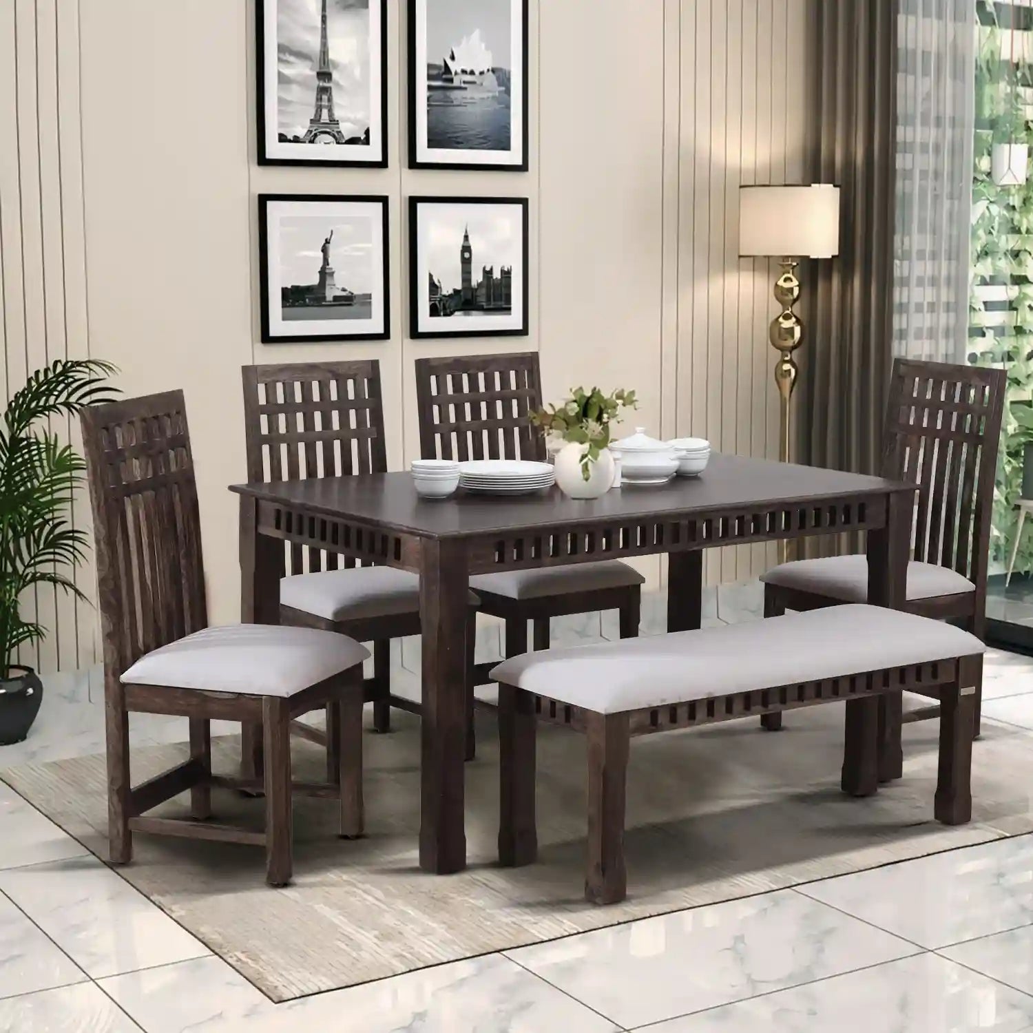 Heavy duty Oasis solid sheesham wood four-seater dining table set long lasting furniture