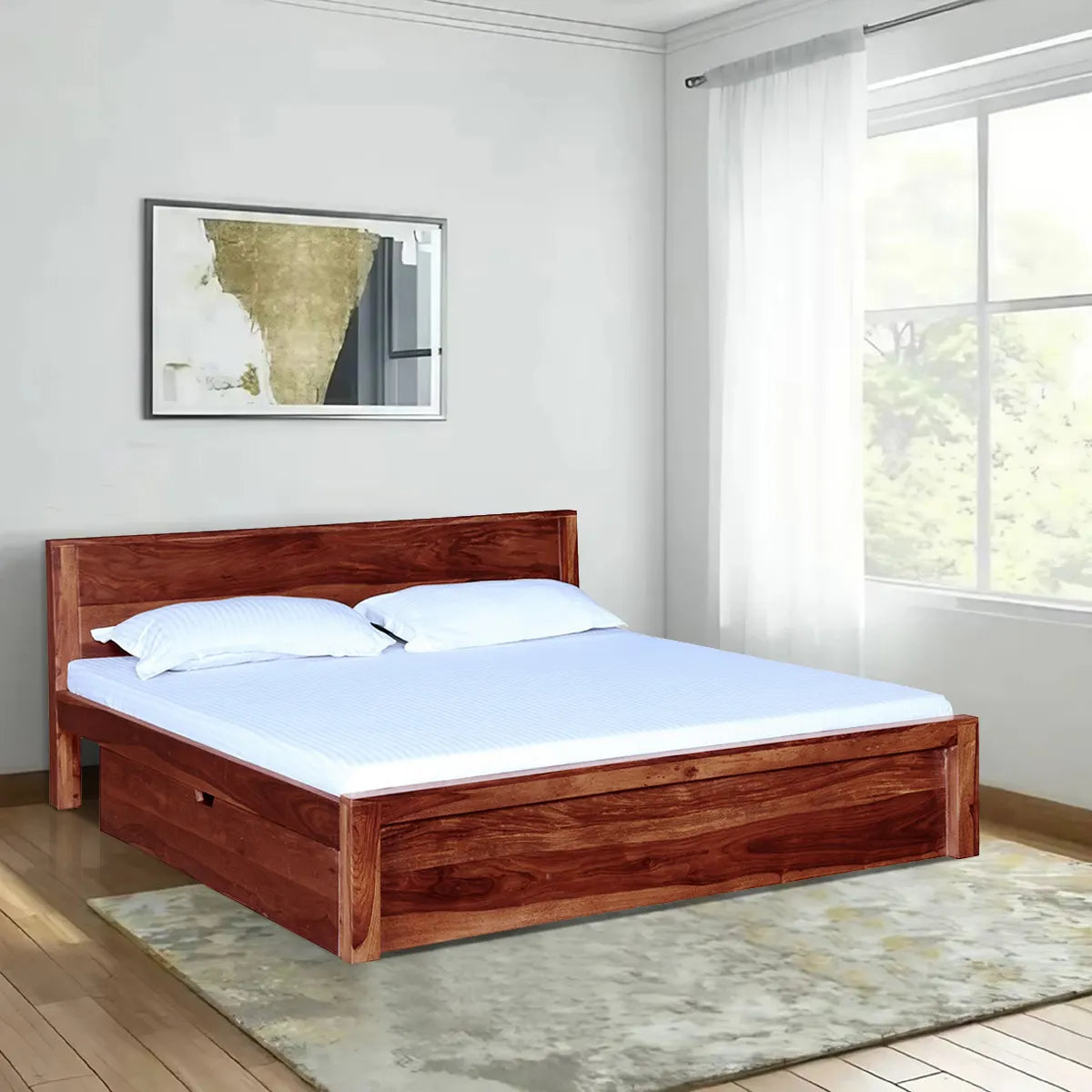 Acro modern wooden bed drawer storage solid wood frame
