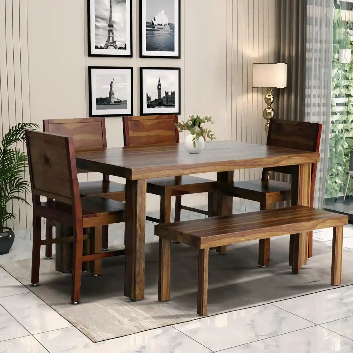 Acro sheesham wood six seater dining table set made from premium solid wood for modern Indian homes
