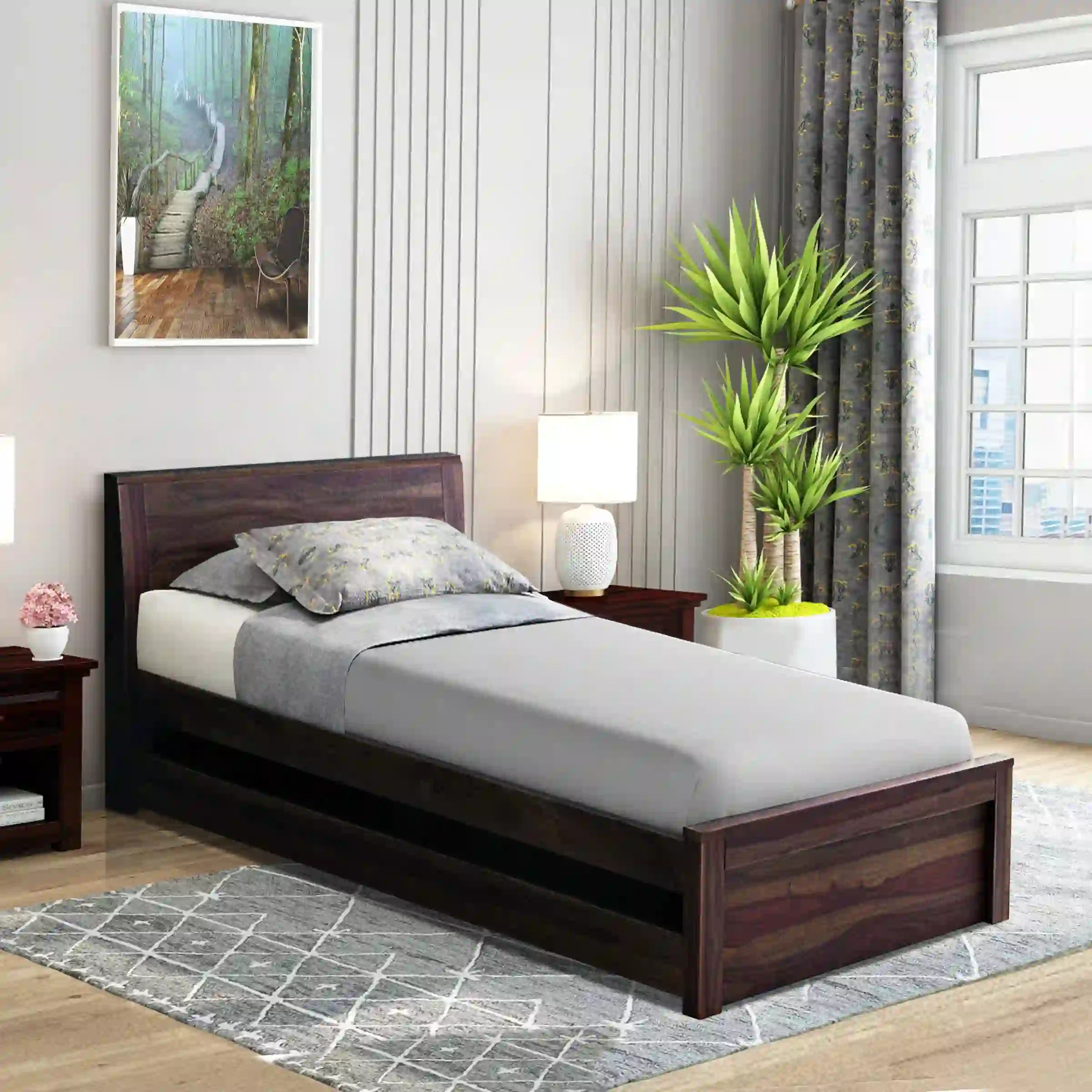 acro solid sheesham wood single bed styled in modern bedroom setup premium interior