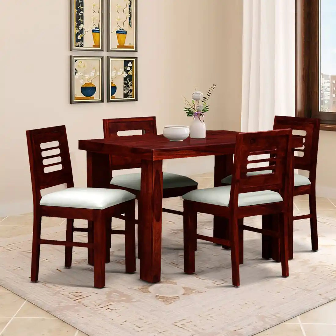 Acro solid sheesham wood four seater dining table set teak finish modern dining furniture