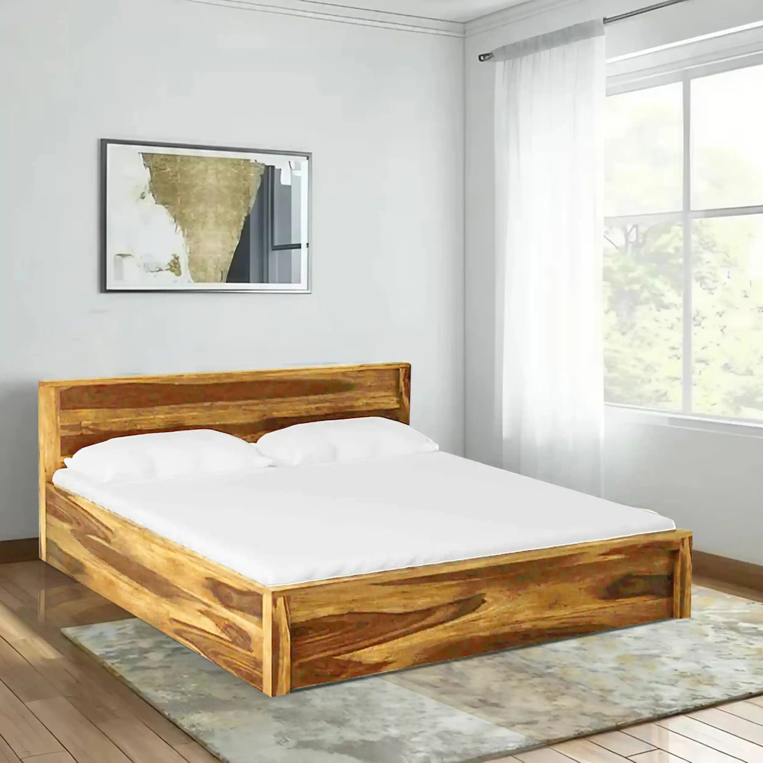 acro solid wood bed natural finish king size storage bed sheesham wood india