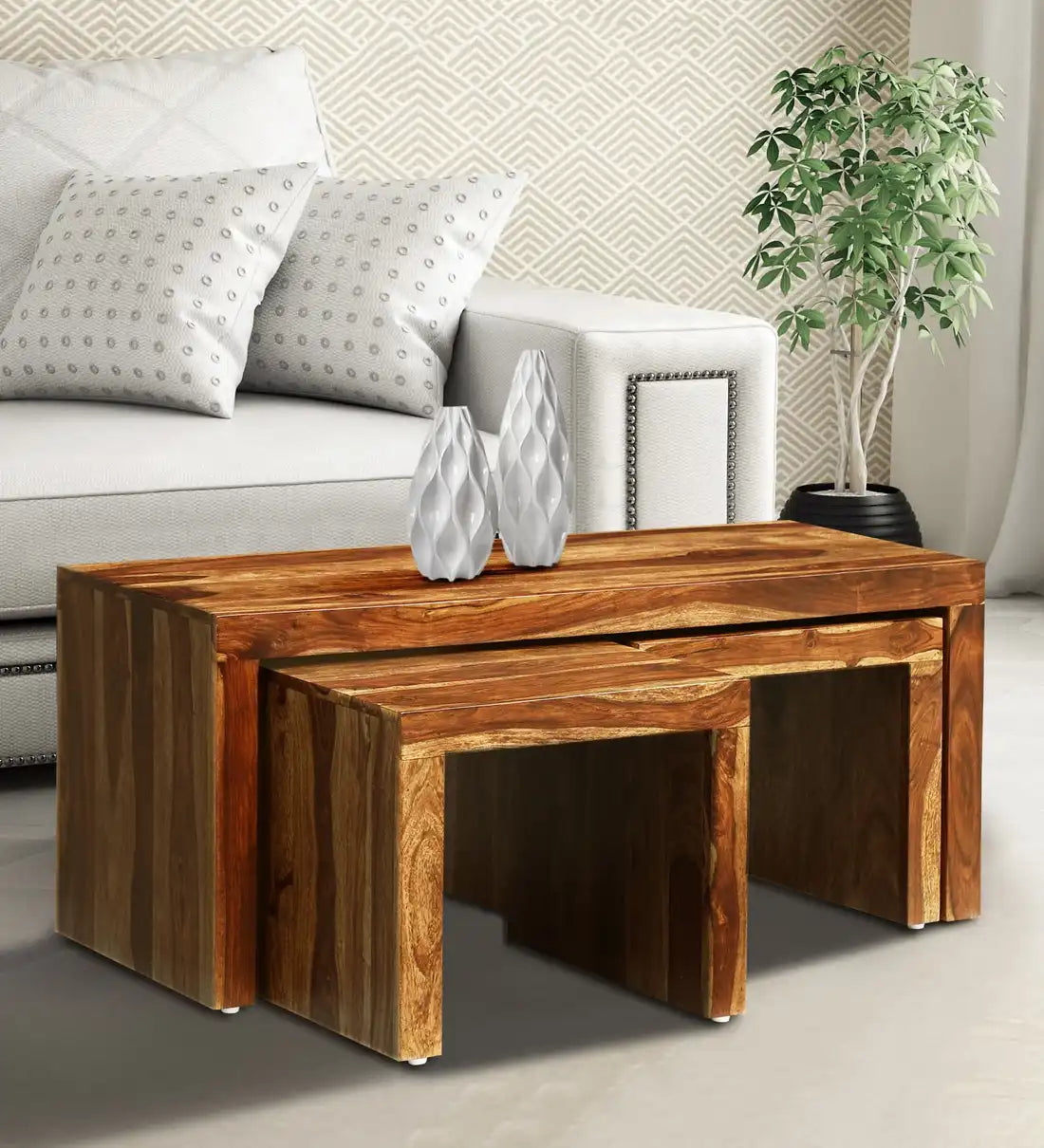Acro solid wood coffee table set sheesham center table with stools for living room India
