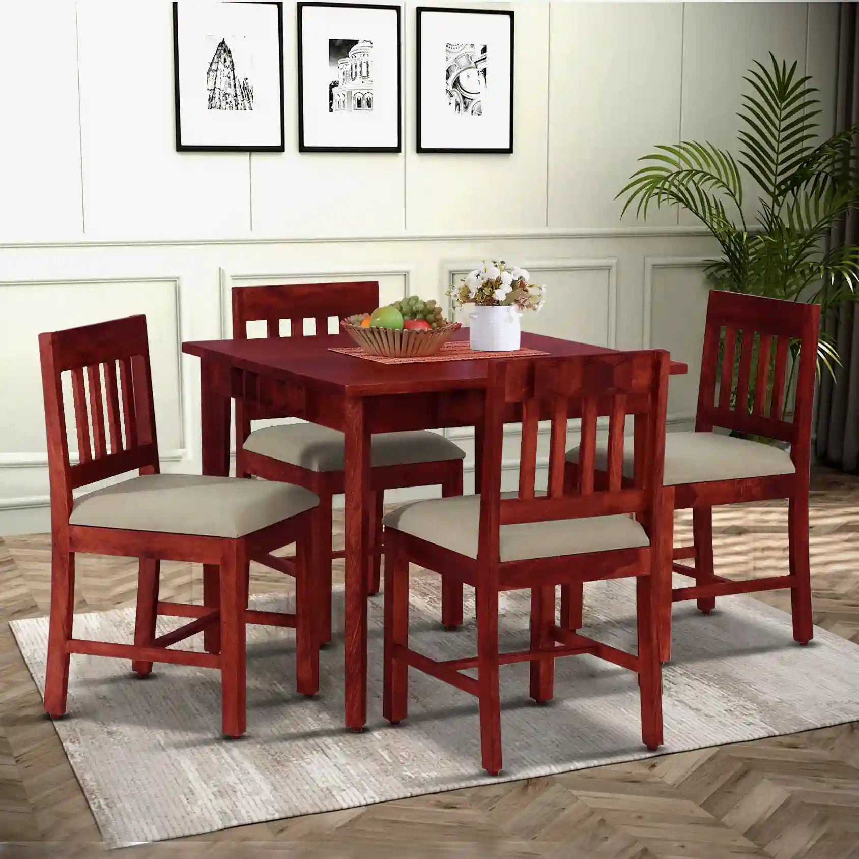 Alford solid wood four seater dining table set teak finish modern dining furniture