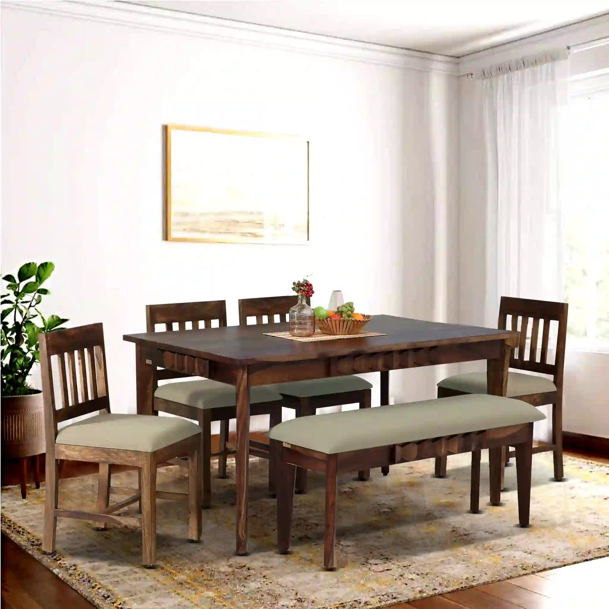 Alford solid wood six-seater dining table set with bench premium durable furniture for modern Indian homes