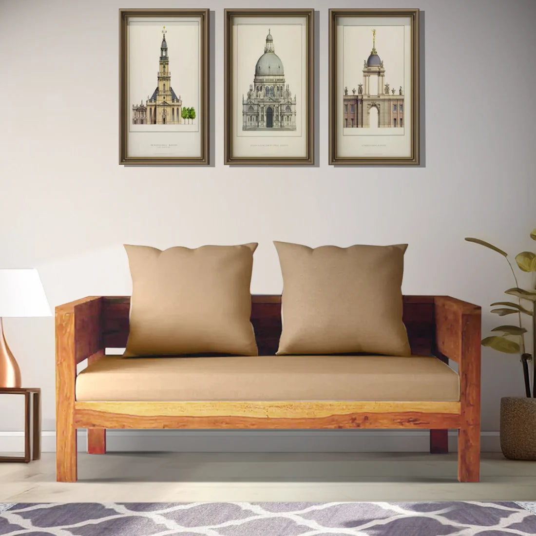 Anamika compact 2 seater sofa solid wood sheesham small space furniture