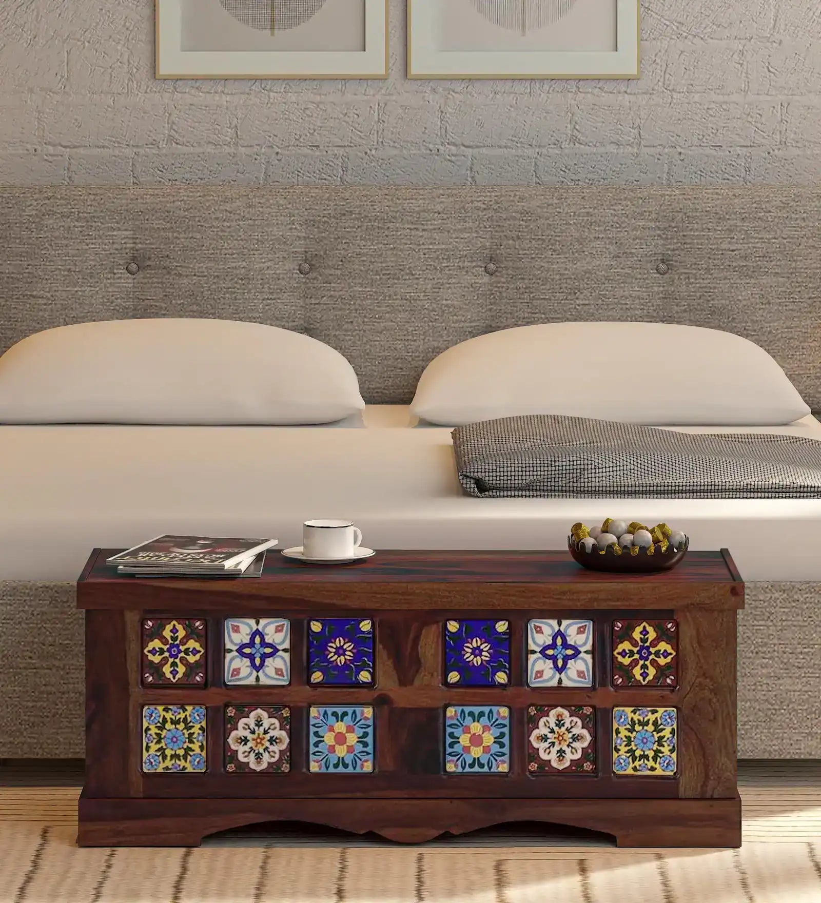 Anamika sheesham linen trunk solid wood storage chest for bedroom furniture India