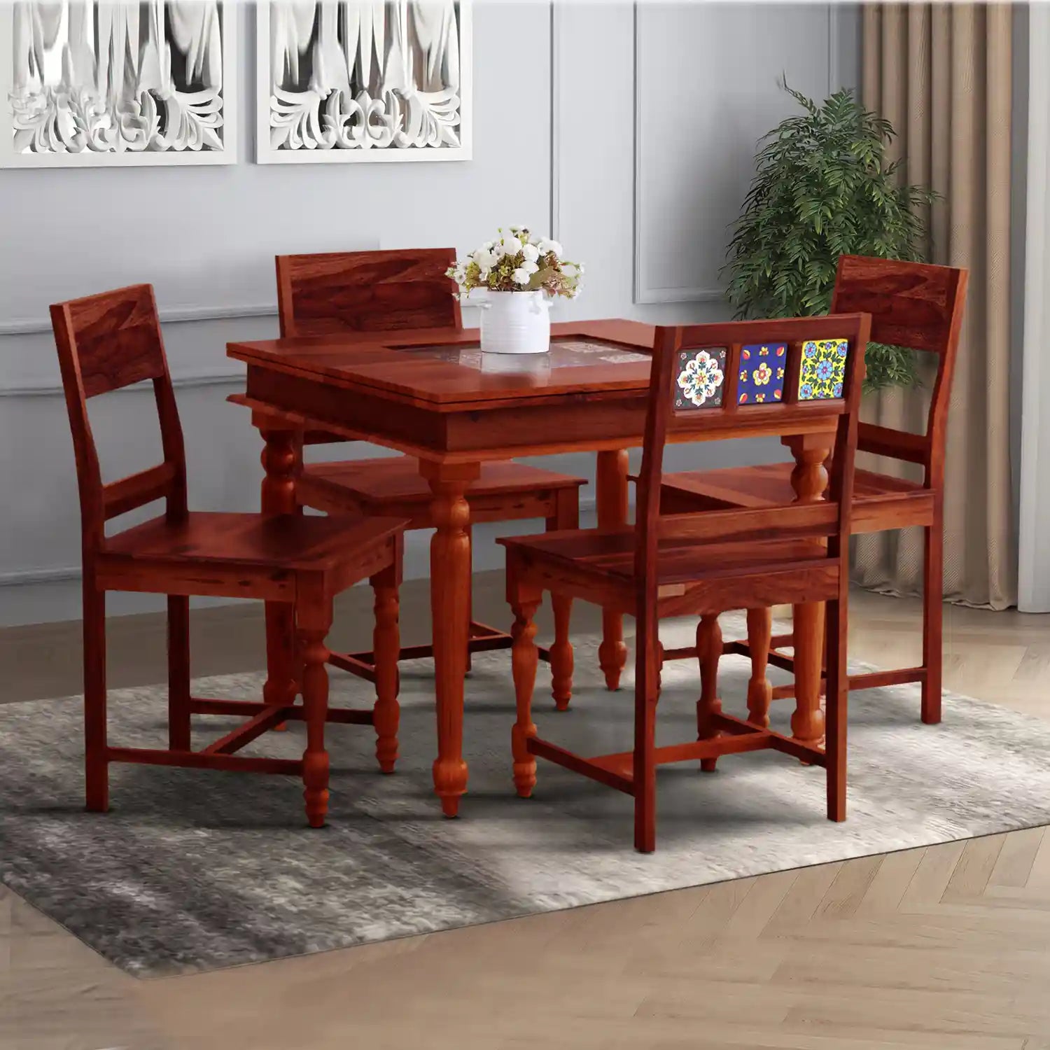 Anamika solid wood four seater dining table set in teak finish modern dining furniture
