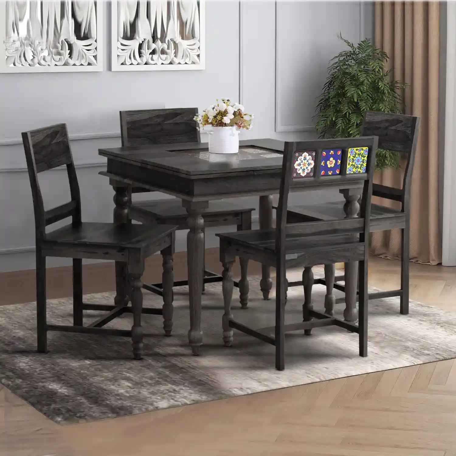 Anamika solid wood four seater dining table set with chairs durable and stylish seating