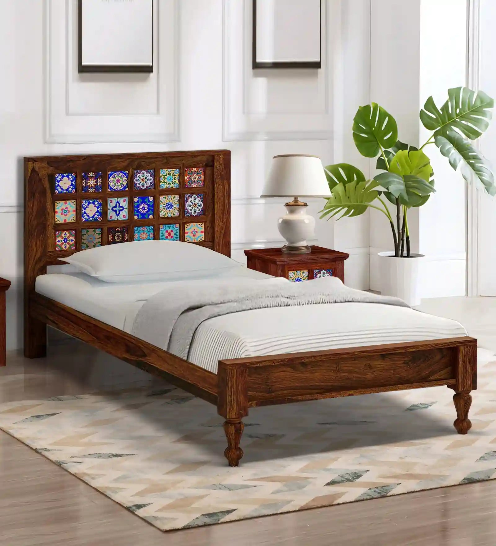 anamika traditional sheesham wood single bed without storage front view classic wooden bed design