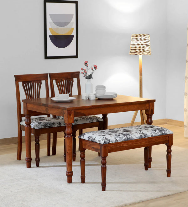 Sheerel Solid Wood 4 Seater Dining Set (2 Chairs & 1 Bench) In Honey Oak Finish - By Rajwada