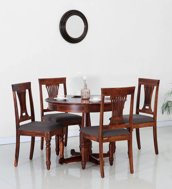 Sheerel Solid Wood 4 Seater Round Dining Set with brown floral upholstery In Honey Oak Finish - By Rajwada