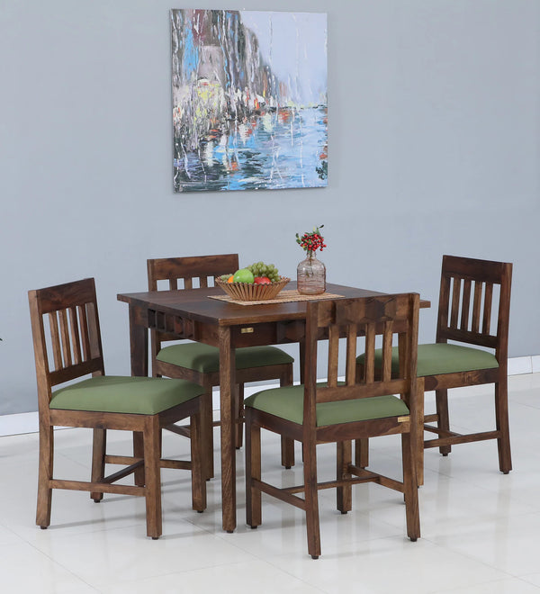 Alford Solid Wood 4 Seater Dining Set with Green Upholstery In Provincial Teak Finish With Green Color By Rajwada