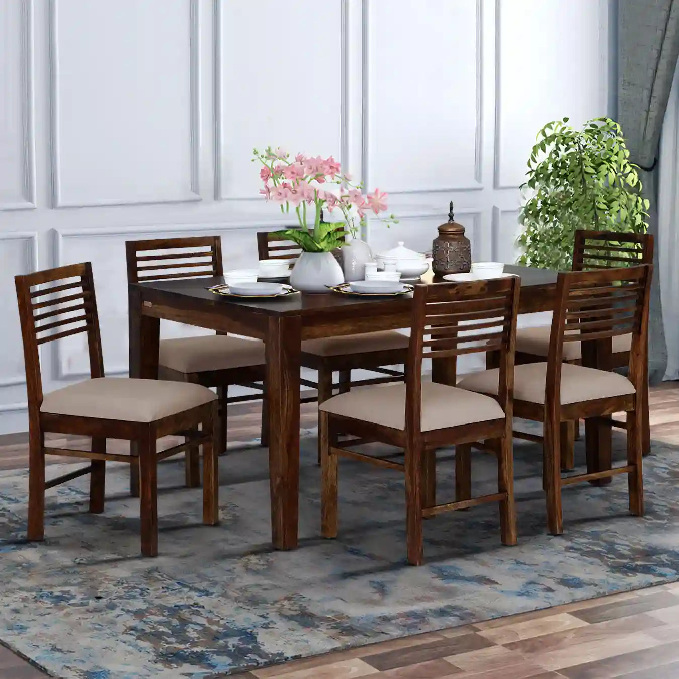 Belfort solid wood six-seater dining table set premium sheesham wood furniture for modern Indian homes