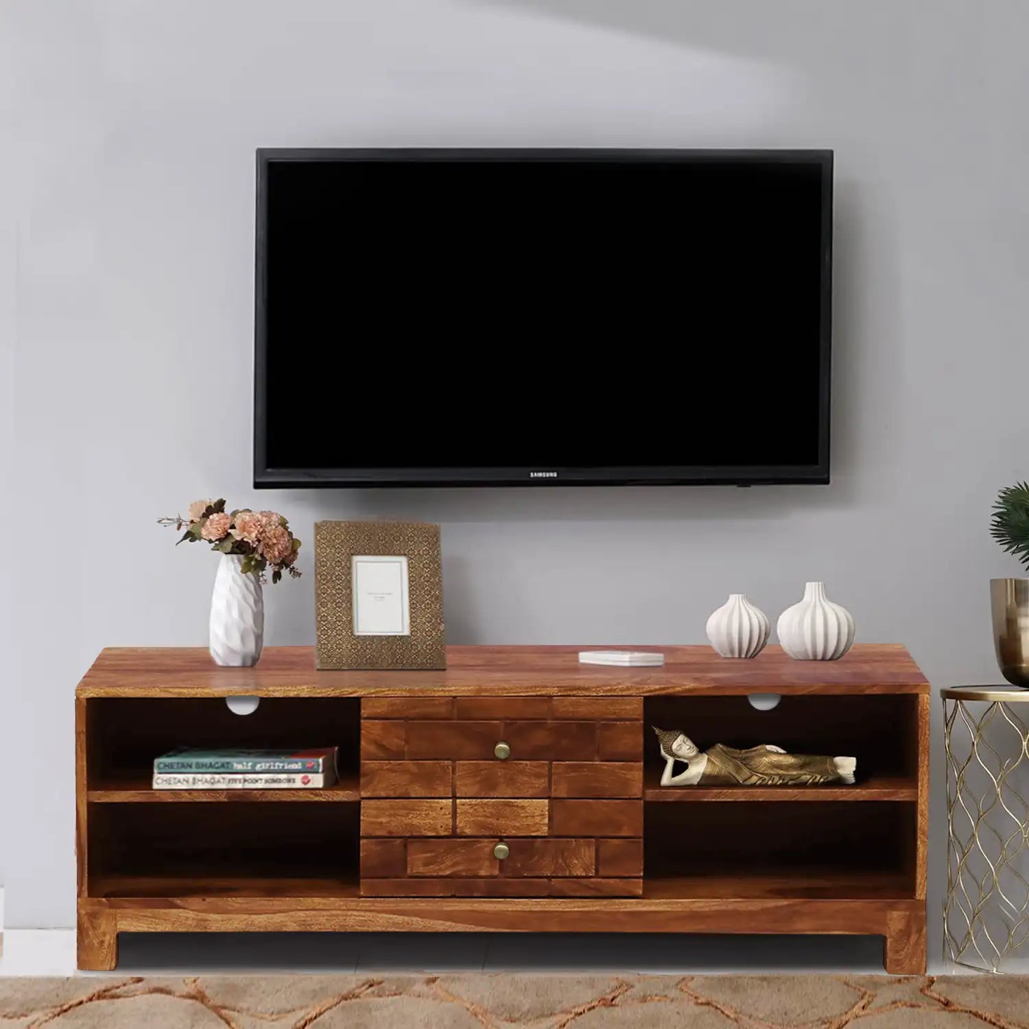 Best sheesham wood tv unit with two drawer shelf Rudra India