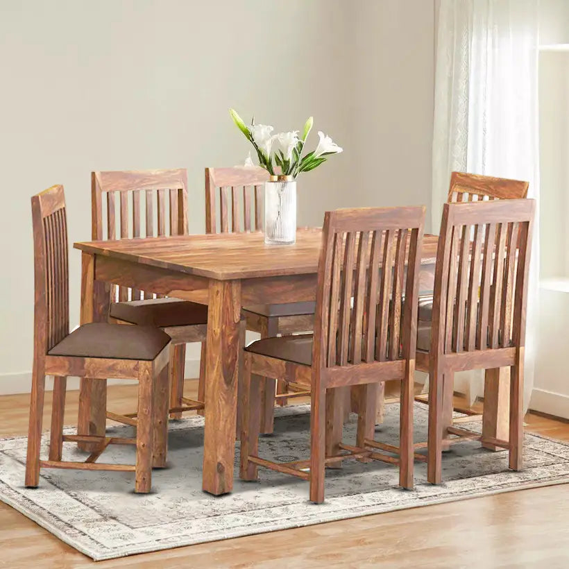 Best solid wood six seater dining table set Peter available online in India