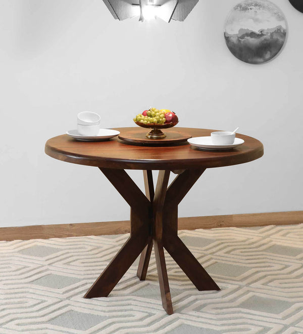 Drew Solid Wood 4 Seater Dining Table with Lazy Susan Top in Provincial Teak Finish by Rajwada