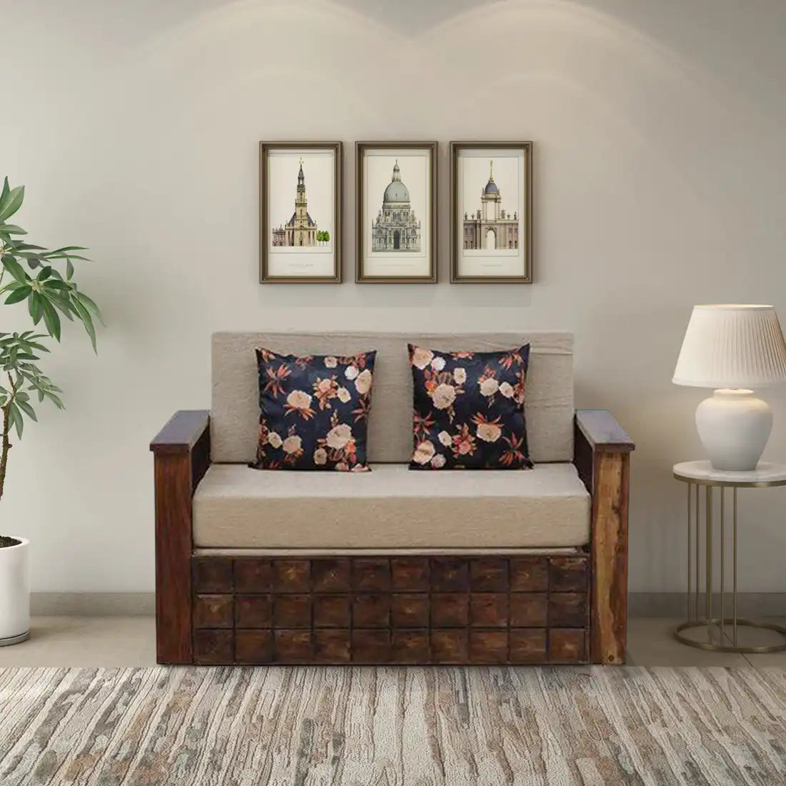 Capri solid wood sofa cum bed 2 seater sheesham space saving furniture India