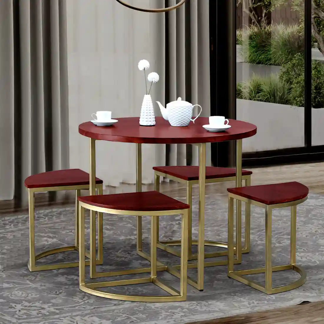 Delaware solid wood four seater dining table set teak finish modern dining furniture