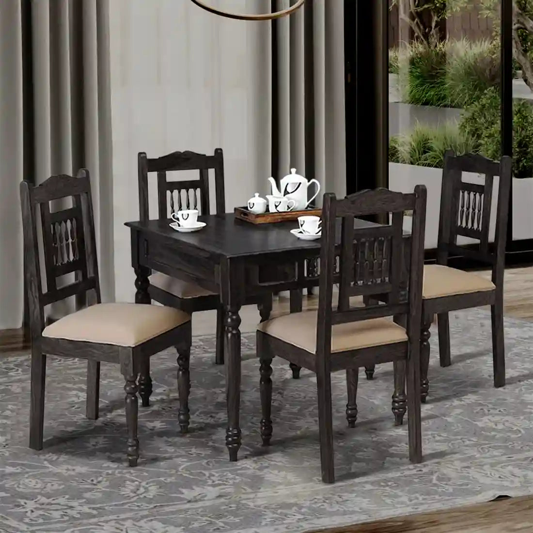 Devanti compact four seater dining table set solid wood ideal for small family dining