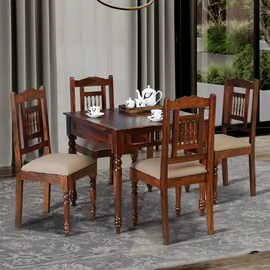 Devanti premium sheesham wood four seater dining table set luxury furniture India